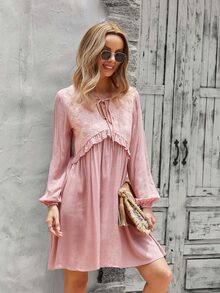 Solid Tie Neck Ruffle Trim Dress - Pink - View 4
