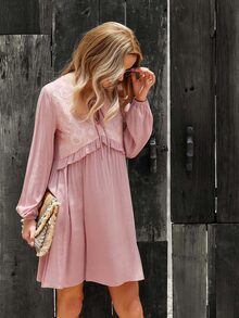 Solid Tie Neck Ruffle Trim Dress - Pink - View 5