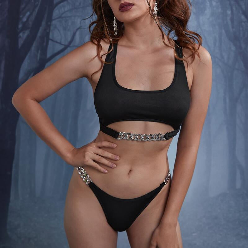 

Solid Chain Decor Lingerie Set, Black
