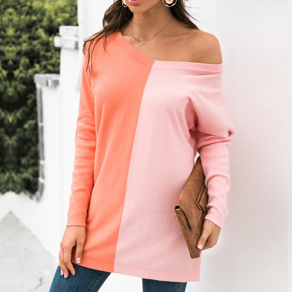 

Two tone V Neck Longline Sweater, Multicolor