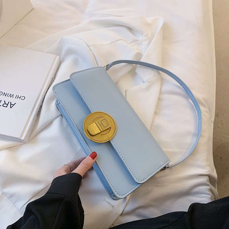 

Metal Lock Flap Shoulder Bag, Blue