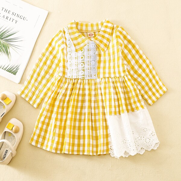 

Baby Gingham Print Guipure Lace Dress, Multicolor