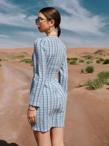 Modelyn Button Detail Plaid Tweed Dress Without Belt