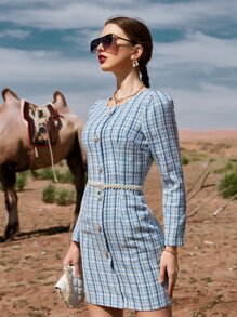 Modelyn Button Detail Plaid Tweed Dress Without Belt
