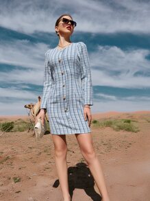 Modelyn Button Detail Plaid Tweed Dress Without Belt