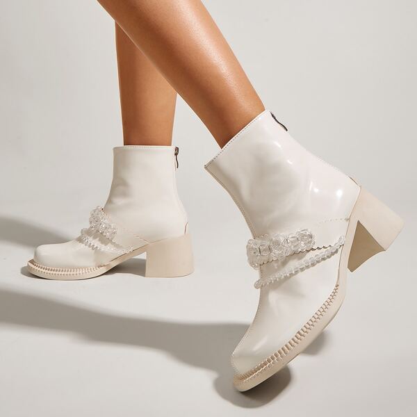 

Beaded Decor Zip Back Chunky Boots, Beige