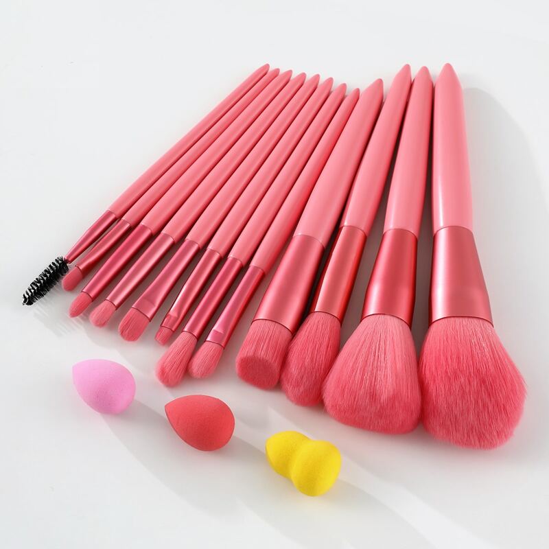 

12pcs Makeup Brush Set & 3pcs Makeup Sponge, Pink