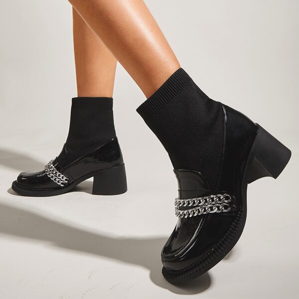 

Chain Decor Panel Design Sock Boots, Black