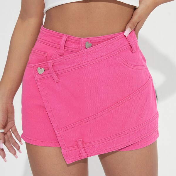 

Solid High Waist Wrap Denim Skort, Pink