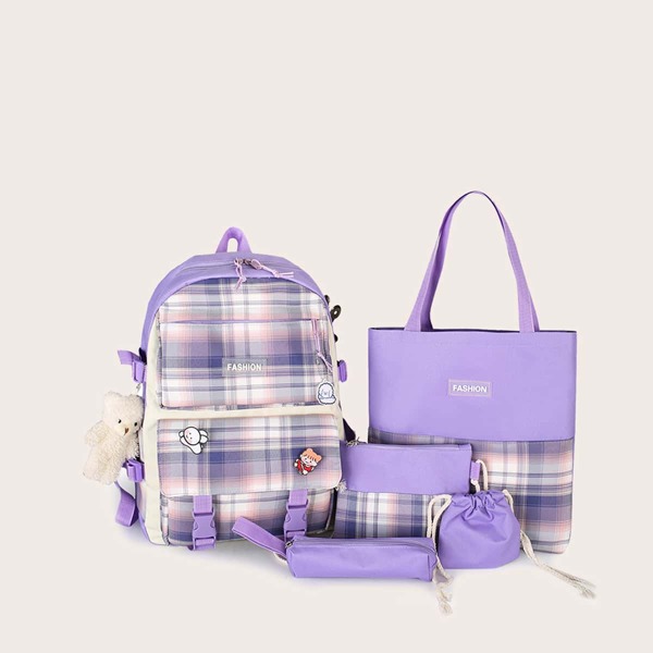 

5pcs Tartan Large Capacity Backpack Set, Purple