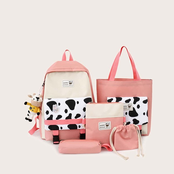 

5pcs Cow Pattern Large Capacity Backpack Set, Pink