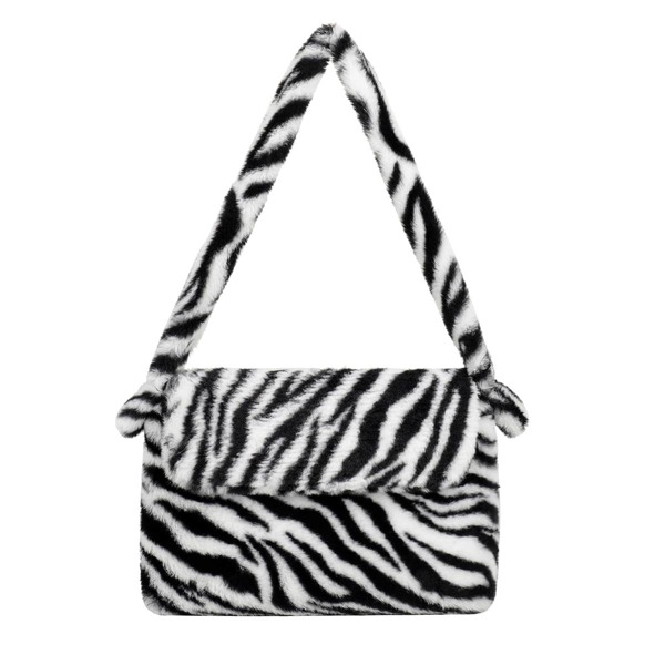 

Zebra Striped Pattern Fluffy Baguette Bag, Black and white