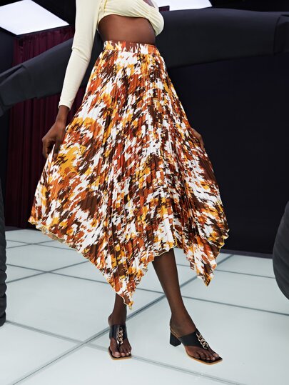 SHEIN VCAY Allover Print Hanky Hem Pleated Skirt