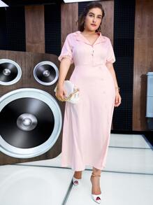 Modelyn 大碼西裝領燈籠袖緞面洋裝