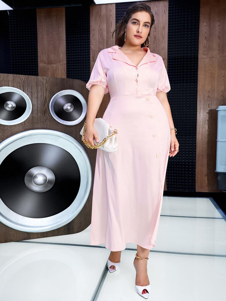 Modelyn 大碼西裝領燈籠袖緞面洋裝