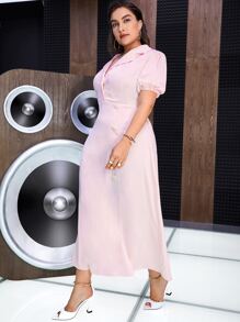 Modelyn 大碼西裝領燈籠袖緞面洋裝