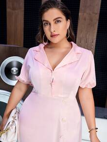 Modelyn 大碼西裝領燈籠袖緞面洋裝