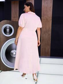 Modelyn 大碼西裝領燈籠袖緞面洋裝