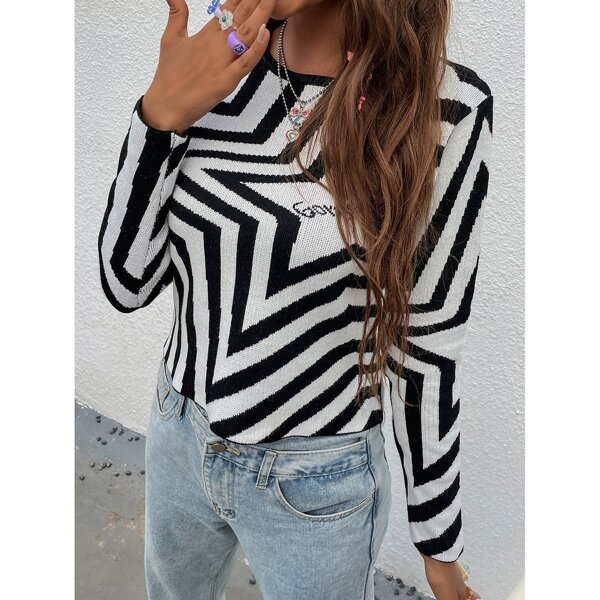 

Star & Letter Pattern Sweater, Black and white