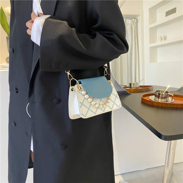 

Plaid Pattern Faux Pearl Decor Satchel Bag, Blue and white