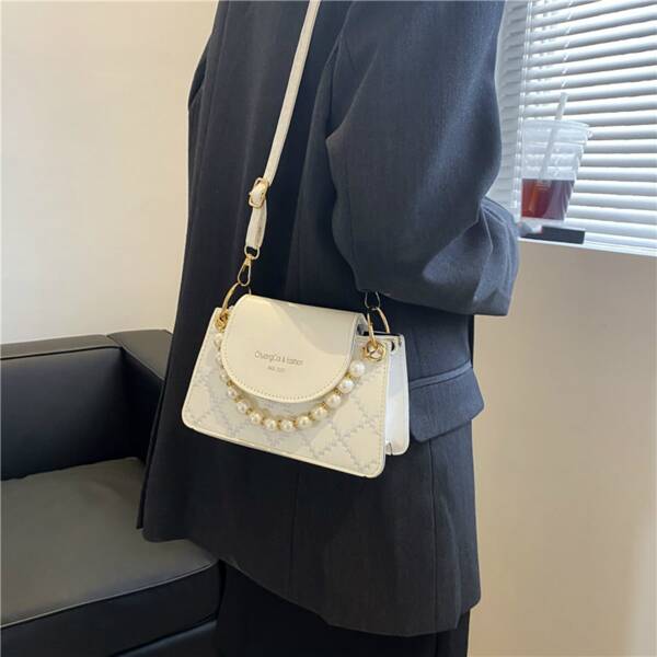 

Plaid Pattern Faux Pearl Decor Satchel Bag, White