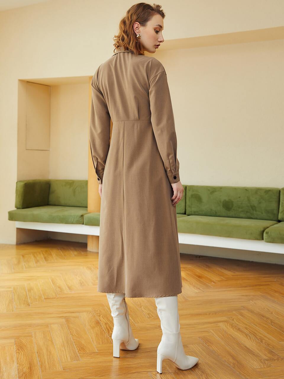 Plicated Button Front Drop Shoulder Shirt Dress