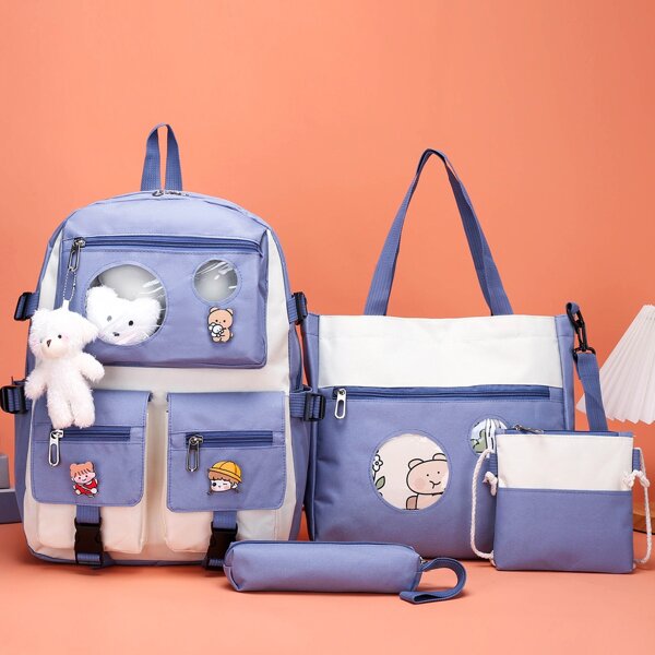 

4pcs Girls Two Tone Cartoon Decor Backpack Set, Blue
