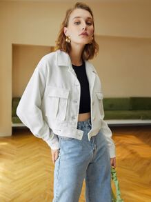 SHEIN Essnce Flap Pocket Drop Shoulder Tweed Jacket - White - View 3