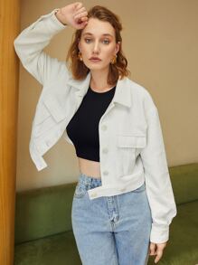 SHEIN Essnce Flap Pocket Drop Shoulder Tweed Jacket - White - View 4