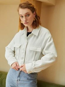 SHEIN Essnce Flap Pocket Drop Shoulder Tweed Jacket - White - View 1