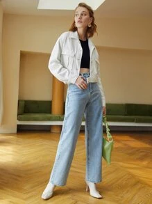 SHEIN Essnce Flap Pocket Drop Shoulder Tweed Jacket - White - View 5