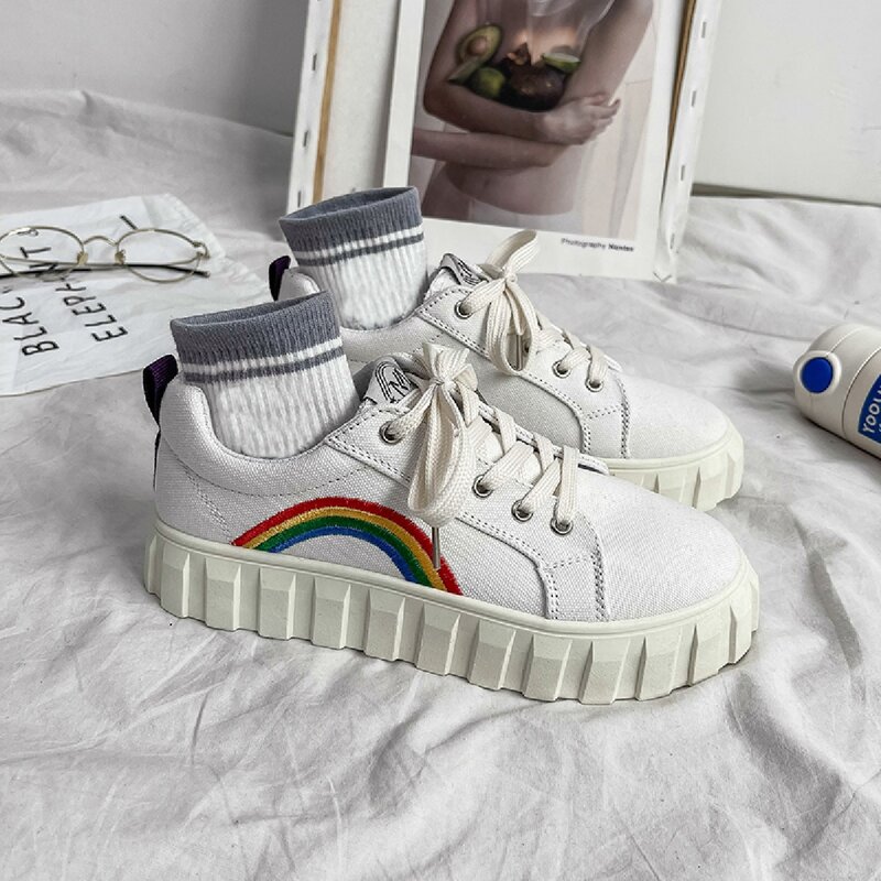 

Embroidered Lace-up Front Canvas Shoes, White