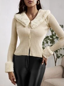 Teddy Collar & Cuff Ribbed Knit Cardigan - Beige - View 1