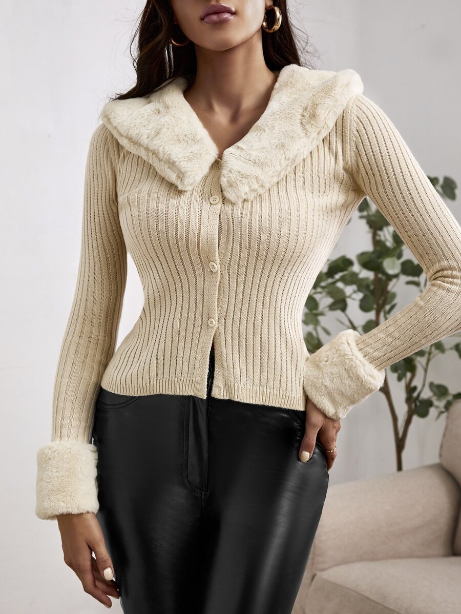 Teddy Collar & Cuff Ribbed Knit Cardigan - Beige - View 1