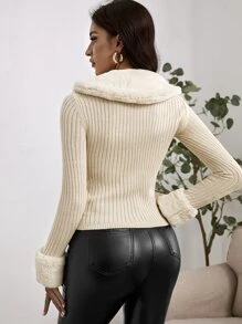 Teddy Collar & Cuff Ribbed Knit Cardigan - Beige - View 2