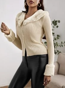 Teddy Collar & Cuff Ribbed Knit Cardigan - Beige - View 4