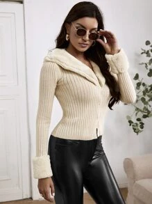 Teddy Collar & Cuff Ribbed Knit Cardigan - Beige - View 5