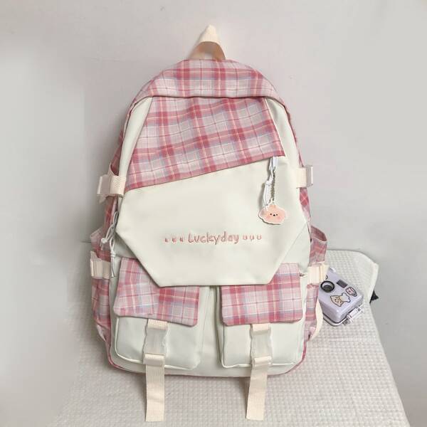 

Girls Plaid Letter Graphic Backpack, Pink