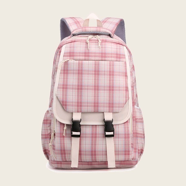 

Girls Plaid Buckle Decor Backpack, Pink