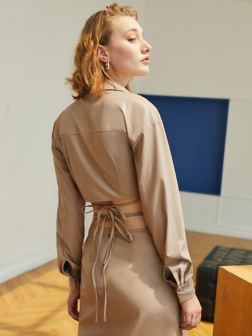 Solid Tie Back Crop Wrap PU Leather Blouse