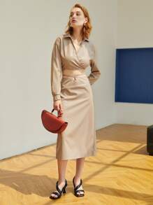 SHEIN Unity Solid Tie Back Crop Wrap PU Leather Blouse - Khaki - View 3