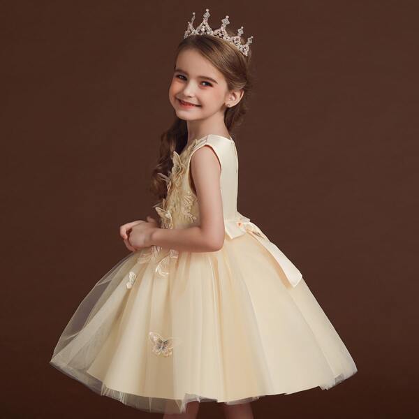 

Girls Flower And Butterfly Applique Mesh Hem Tie Back Gown Dress, Apricot