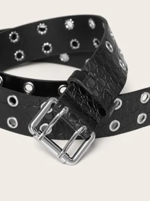 1 pieza Cinturón con estampado de cocodrilo y doble hilera de ojales, talla grande de 160cm (patrón asimétrico aleatorio) para verano, escuela, otoño, Halloween - Negro - Ver 4