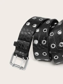 1 pieza Cinturón con estampado de cocodrilo y doble hilera de ojales, talla grande de 160cm (patrón asimétrico aleatorio) para verano, escuela, otoño, Halloween - Negro - Ver 5