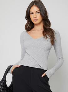 BizChic V Neck Rib Knit Jumper - Light Grey - View 1
