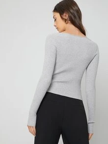 BizChic V Neck Rib Knit Jumper - Light Grey - View 2