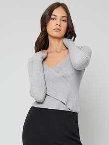 BizChic V Neck Rib Knit Jumper - Light Grey - View 3