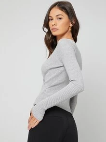 BizChic V Neck Rib Knit Jumper - Light Grey - View 5