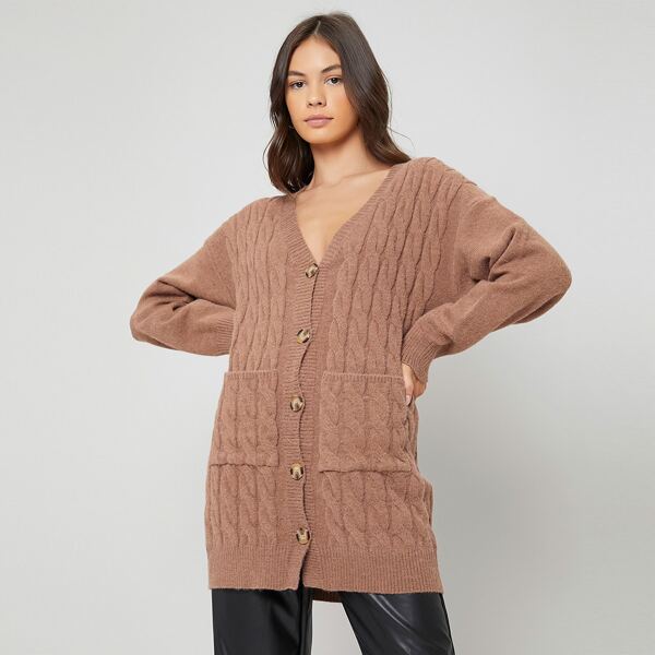 

Cable Knit Button Front Pocket Cardigan, Mocha brown