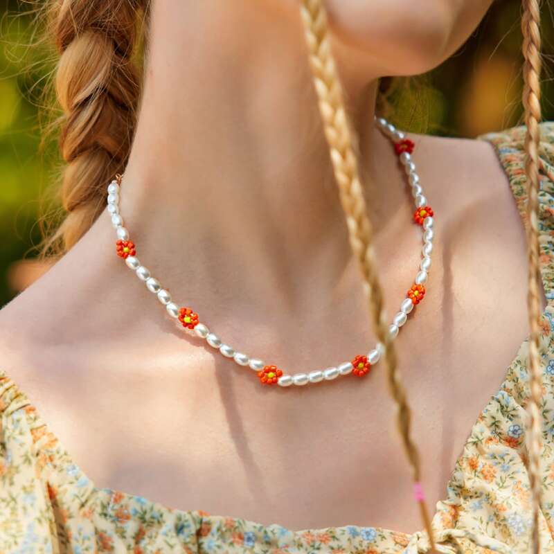 

Floral Beaded Necklace, Orange